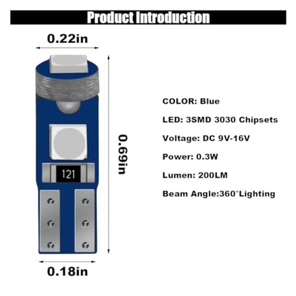 T5 blue LED bulb with white base and translucent lens, size diagram