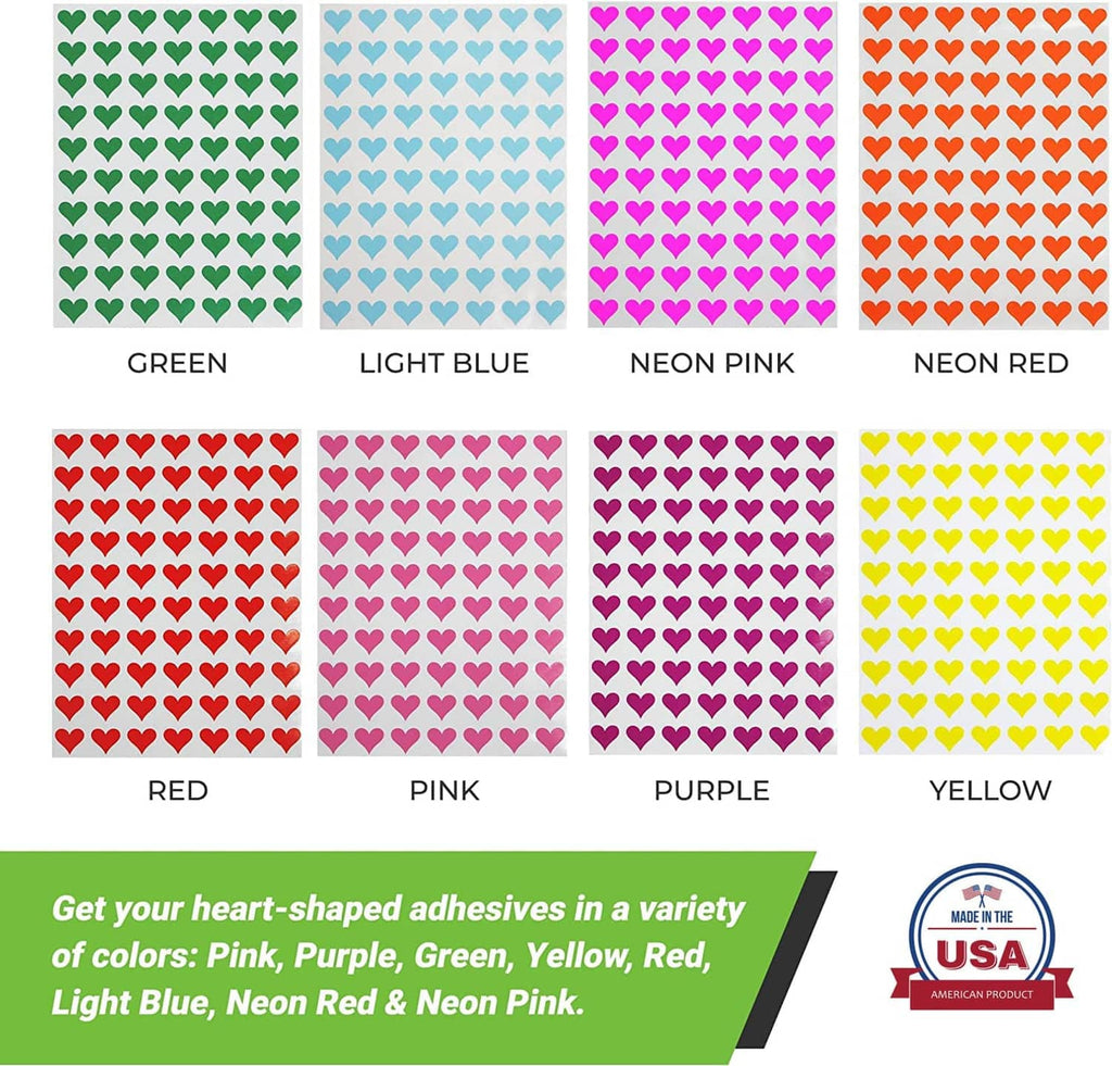 Color heart sticker sheets grid: green, light blue, neon pink, red, pink, purple, yellow