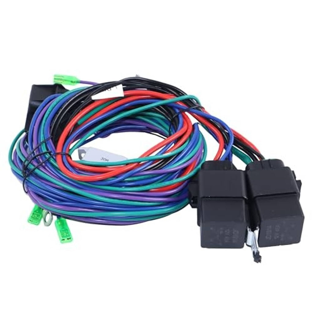 Wiring cable harness kit with multicolor coiled wires, black modules, green connectors, white wiring plug