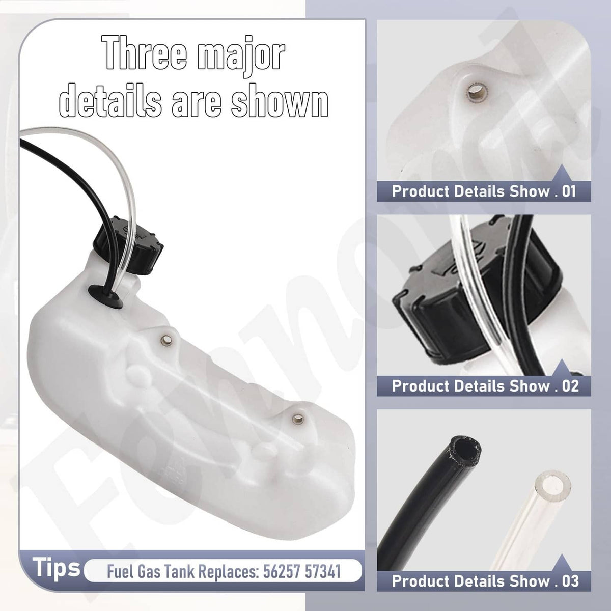 White fuel gas tank detail view with hoses and mounting tabs
