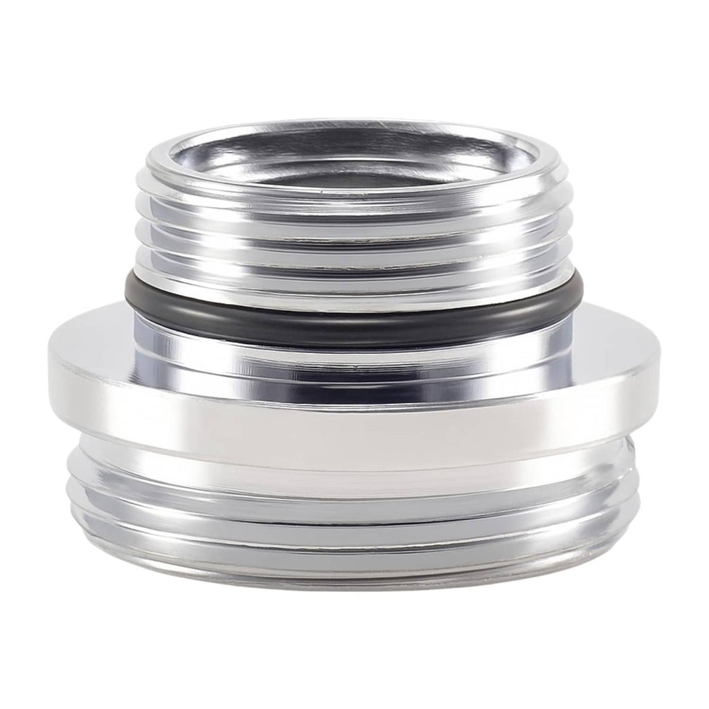 Silver faucet aerator adapter with stacked male threads, metal finish