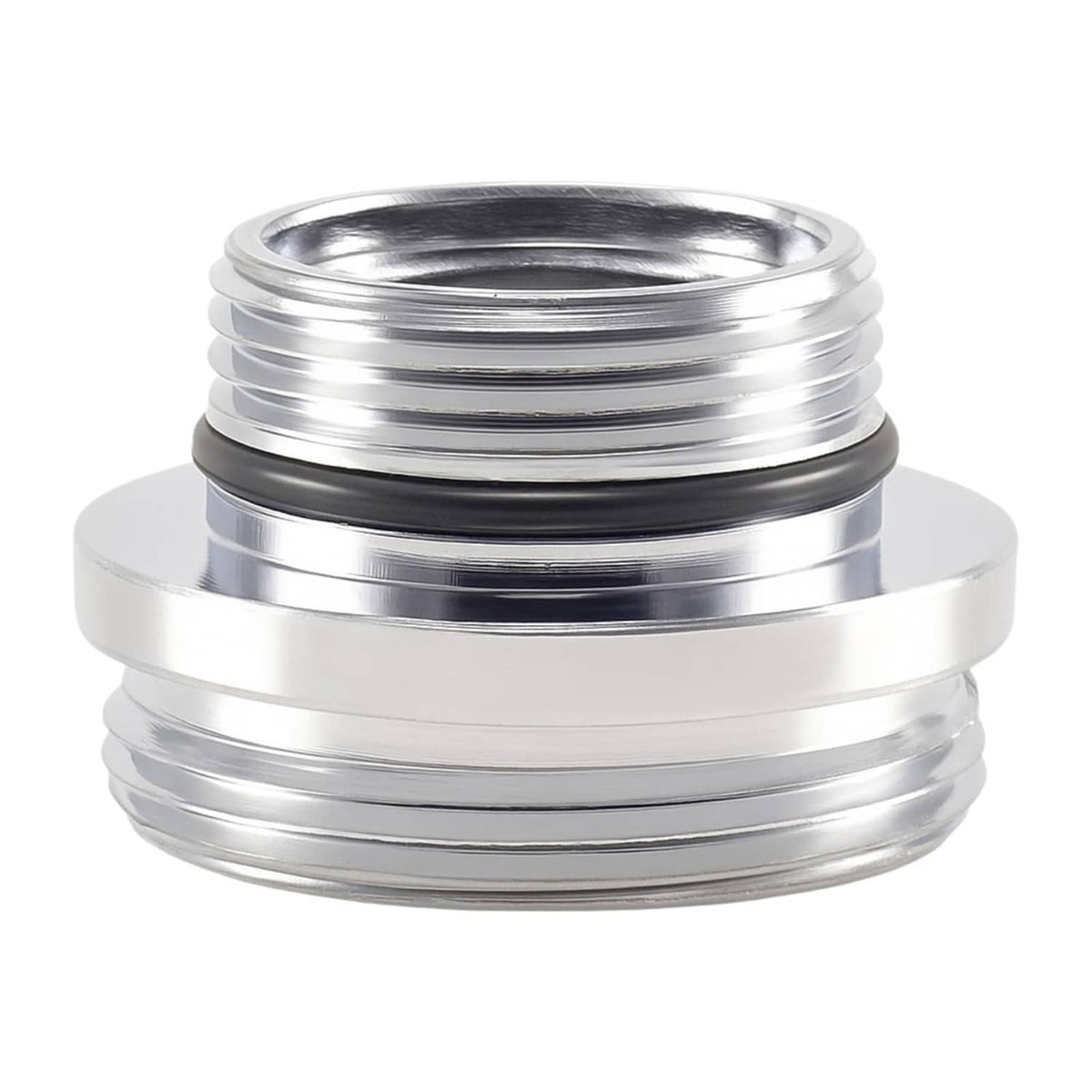 Silver faucet aerator adapter with stacked male threads, metal finish