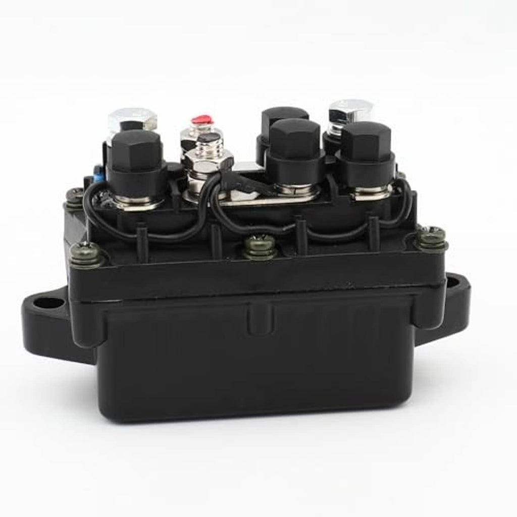 Black relay module rear view with terminal screws and wiring harness through housing
