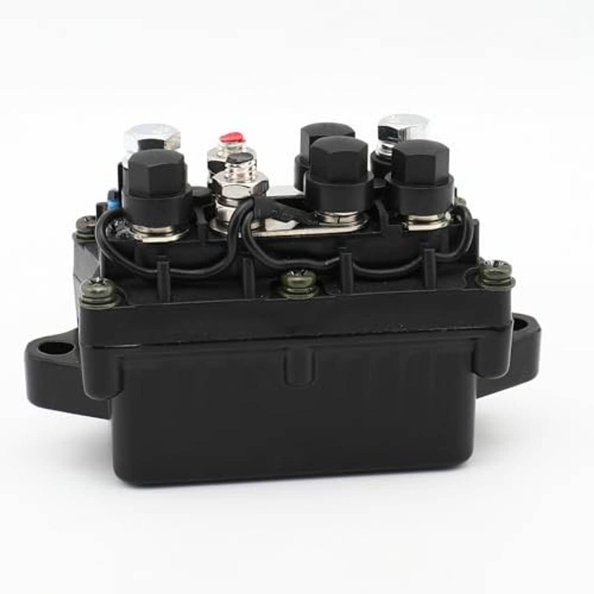 Black relay module rear view with terminal screws and wiring harness through housing