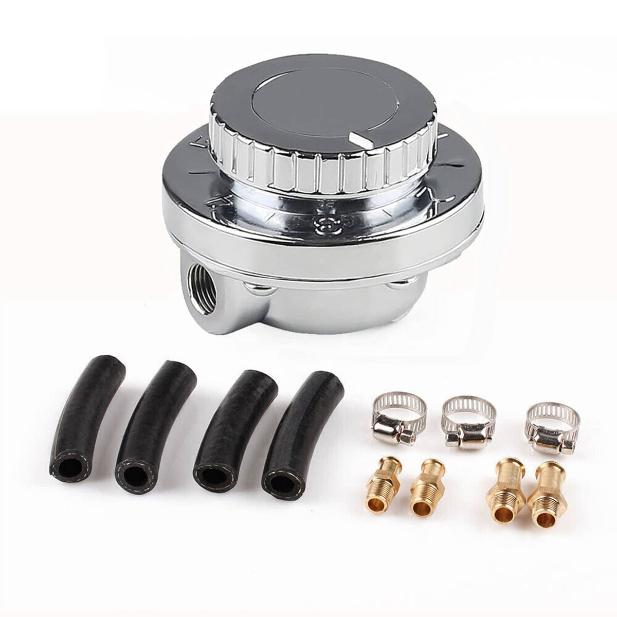 Chrome fuel pressure regulator with black hoses and brass connection fittings plus clamps