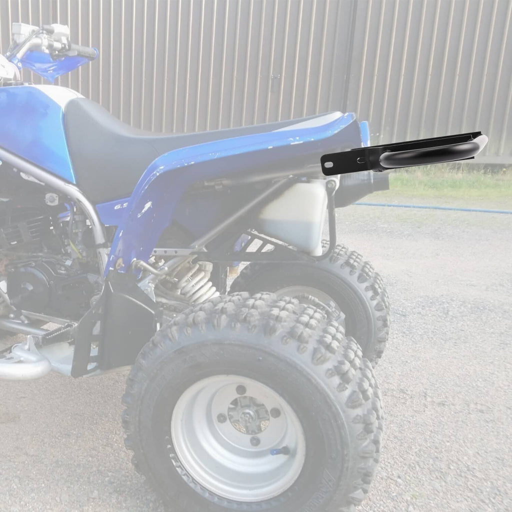 Black rear grab bar installed on rear of blue ATV with mounting hardware
