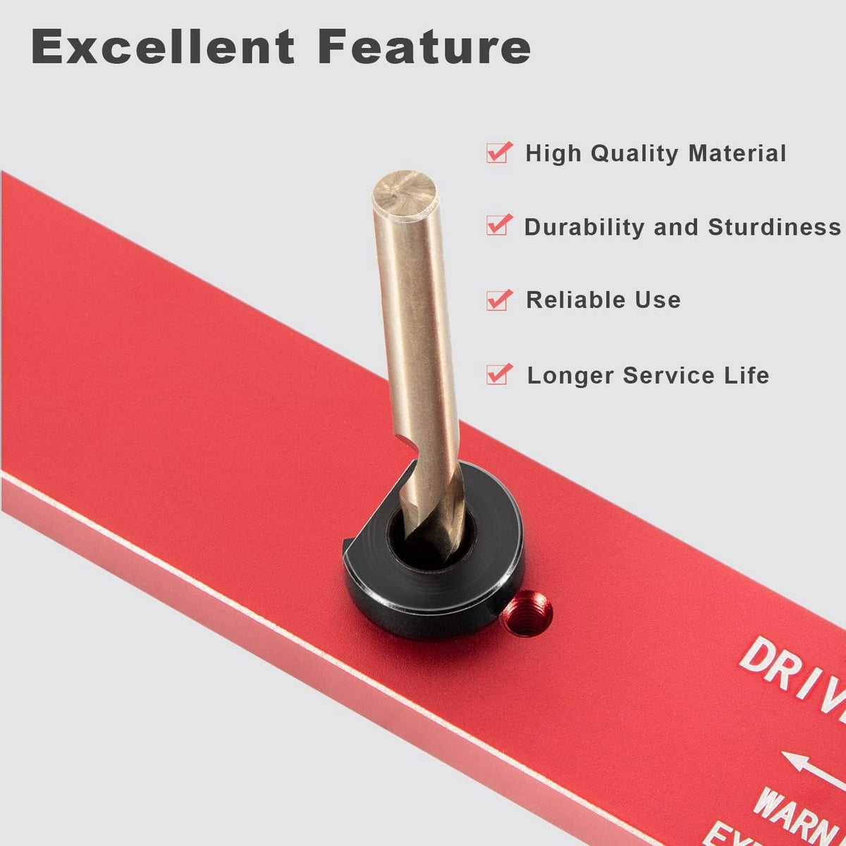 Close-up of drill bit seated in black base on red manifold drill template guide