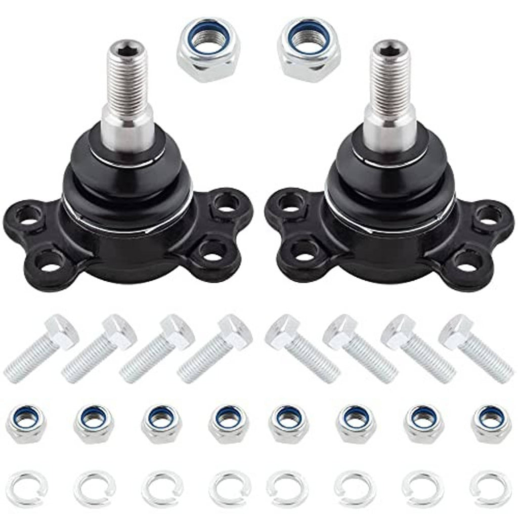 Two front ball joints with black boots and metal threaded studs, with included nuts and washers