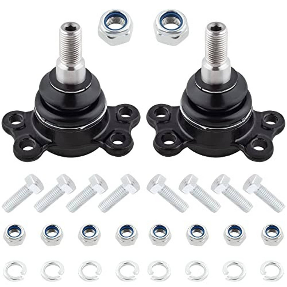 Two front ball joints with black boots and metal threaded studs, with included nuts and washers