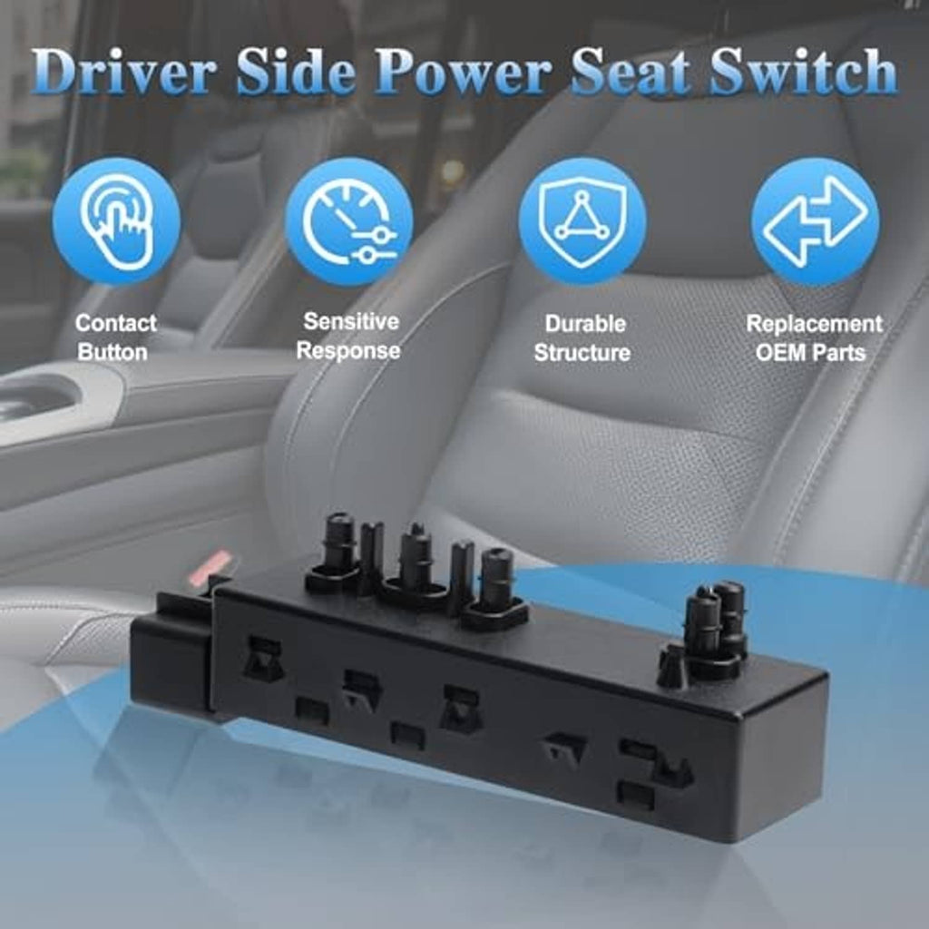 Black driver-side power seat switch with top control buttons and connector block