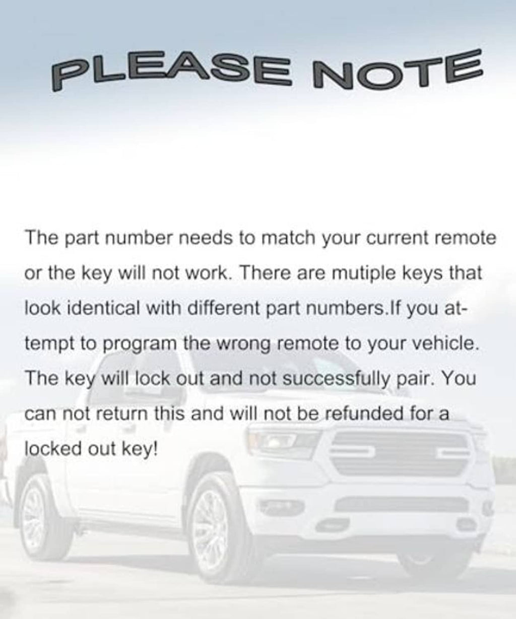 Key fob guidance text: part number match required; programming may be needed