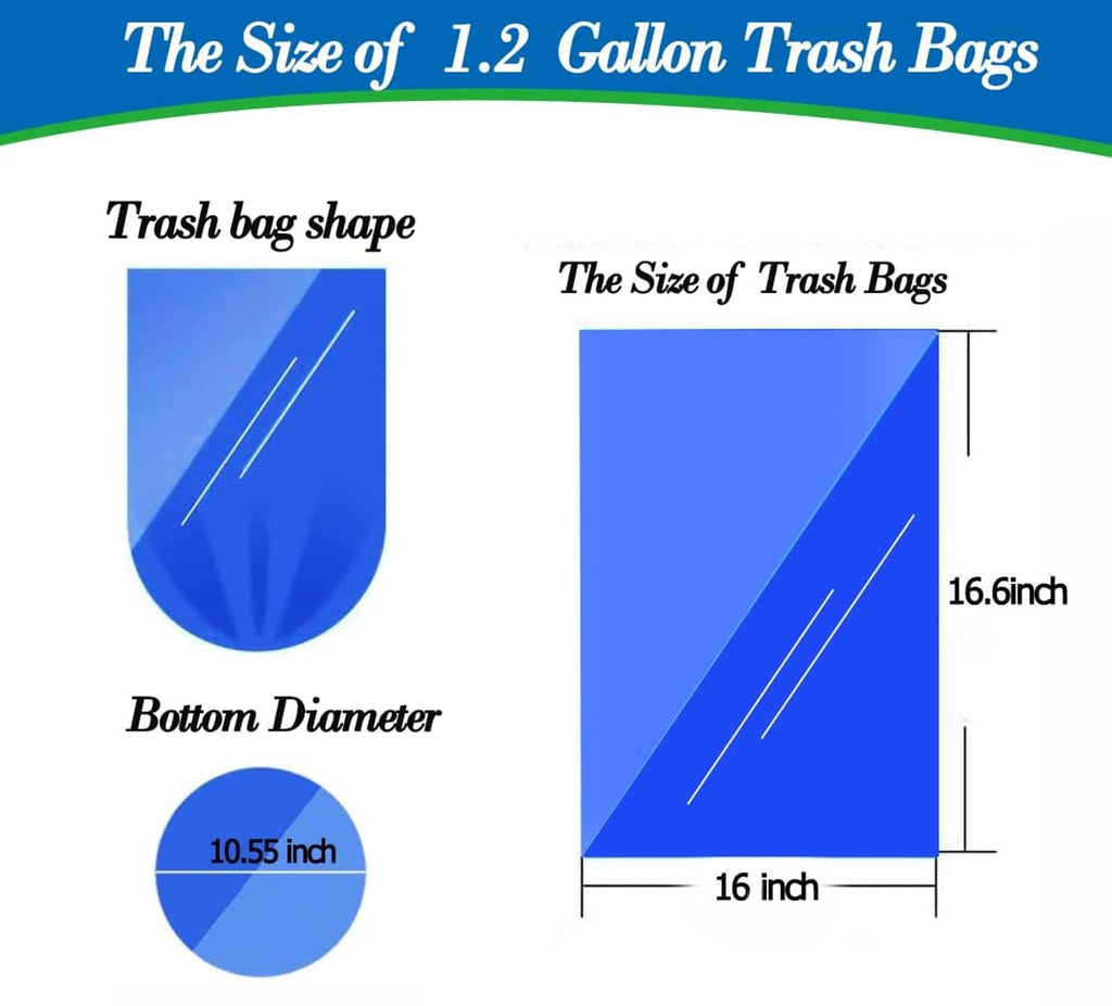 1.2-gallon trash bag size diagram with rounded shape and measurements
