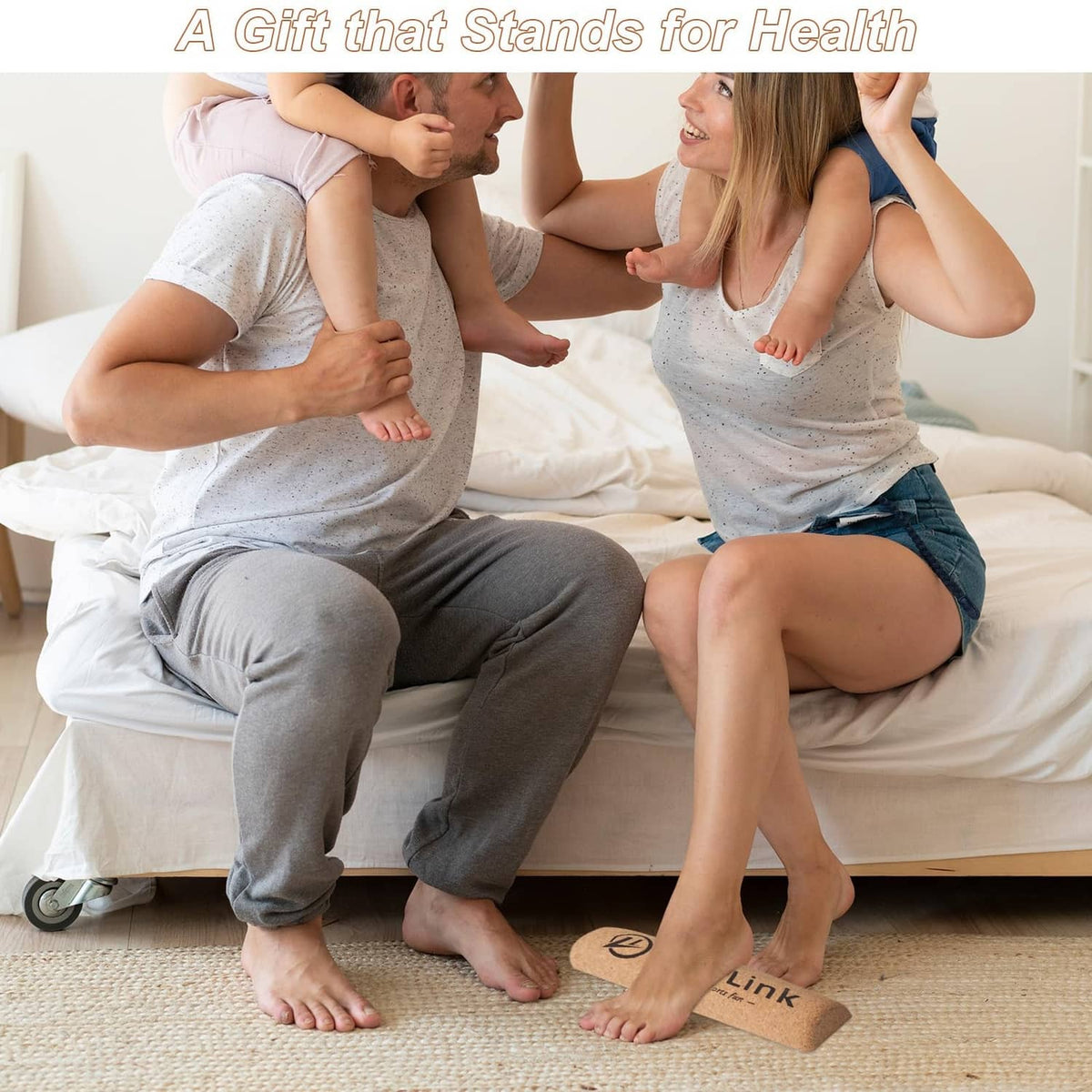 Foot restoration kit in use: people kneeling with bare feet on a cork board