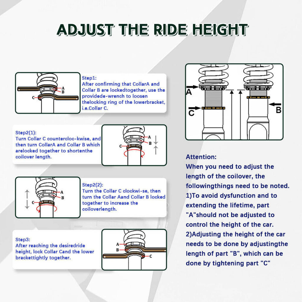Adjustable coilover suspension kit ride-height adjustment instruction diagram