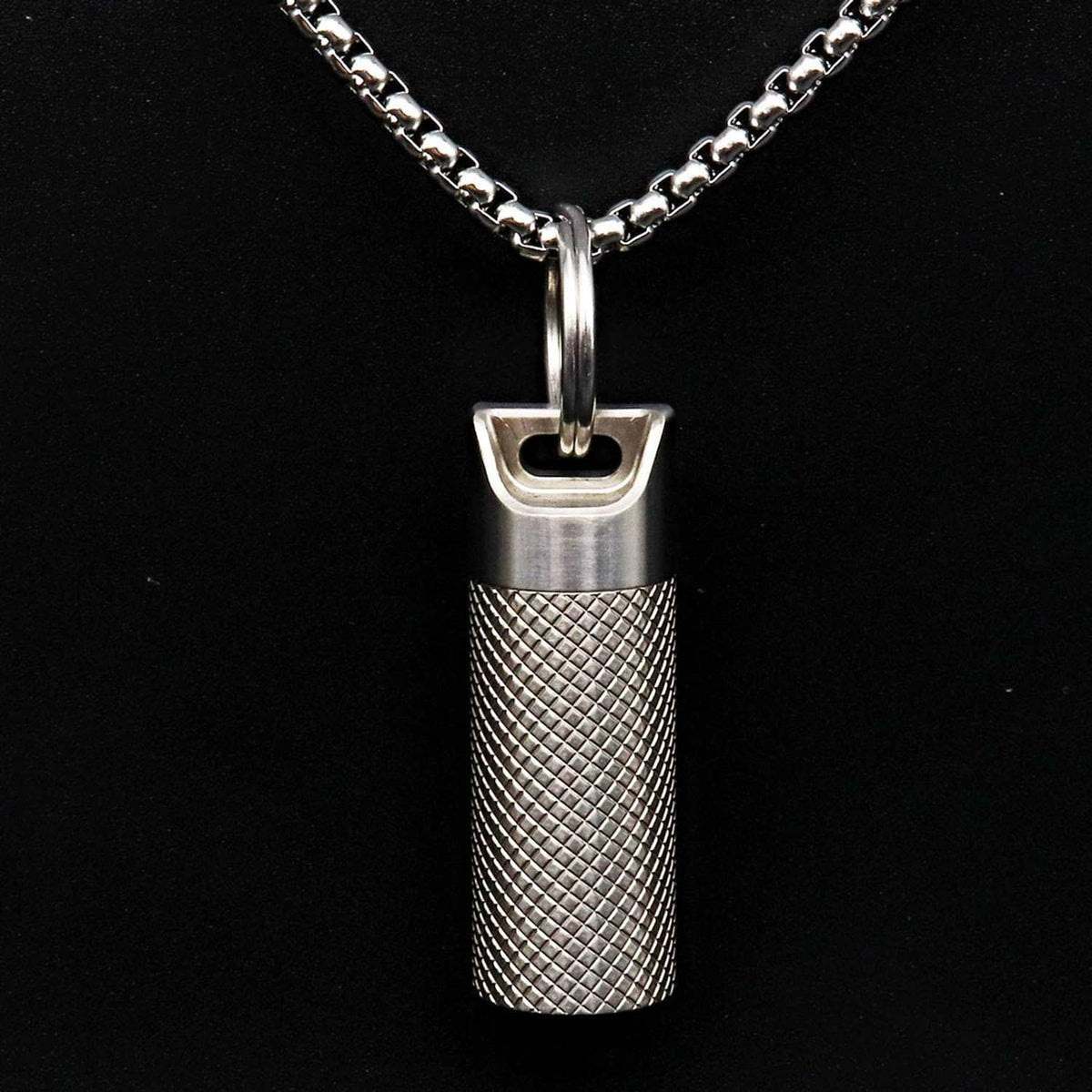 Titanium pill fob necklace pendant with textured cylinder body and round keyring