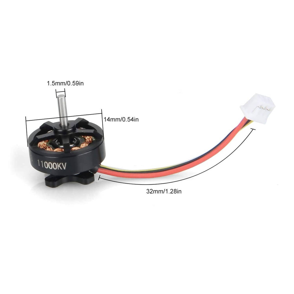 Black 1103 brushless FPV motor with red, yellow, and white wires