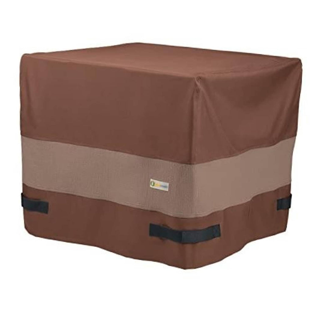Square waterproof air conditioner cover, brown and beige with dark tie straps