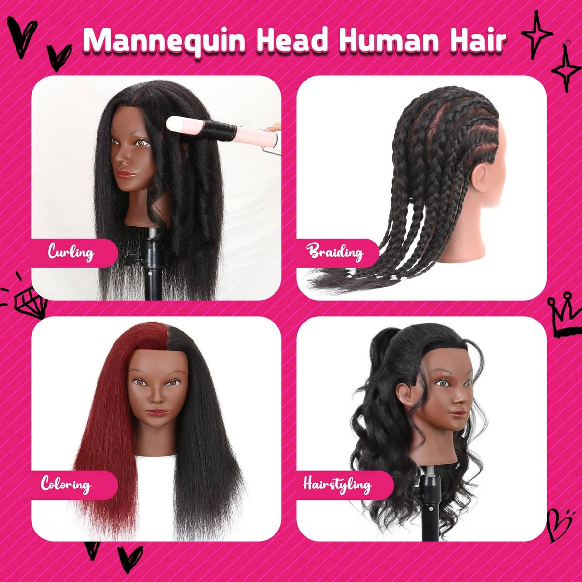 Human-hair mannequin head with black hair; styling options for curling and braiding