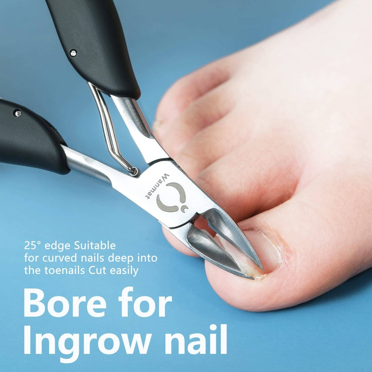 Toe nail clipper with angled cutting edge for close trimming, black handles