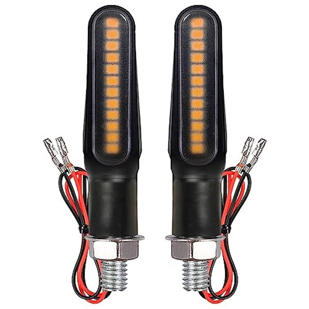 Pair of black motorcycle amber LED turn signals with vertical light bars and wiring leads
