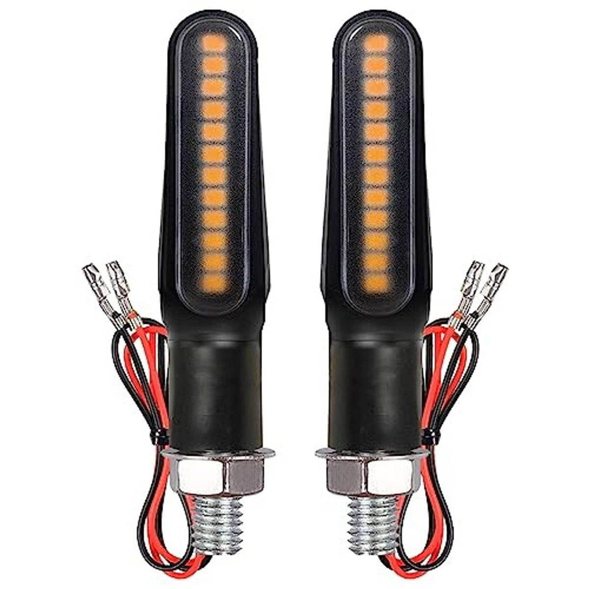 Pair of black motorcycle amber LED turn signals with vertical light bars and wiring leads