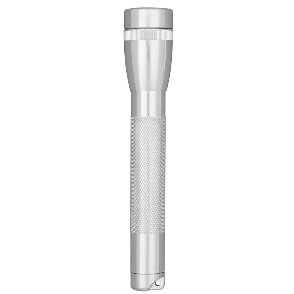 Silver MagLite Mini AAA incandescent flashlight with knurled grip and lanyard loop