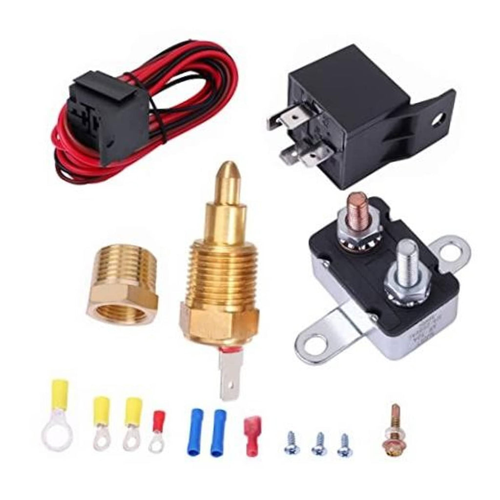 Electric fan relay thermostat kit with wiring harness and brass temperature sensor