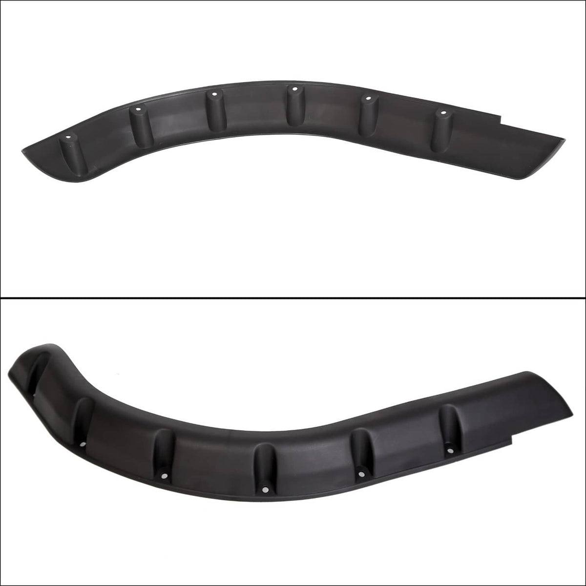 Top and bottom views of black fender flares with curved lip and mounting holes.