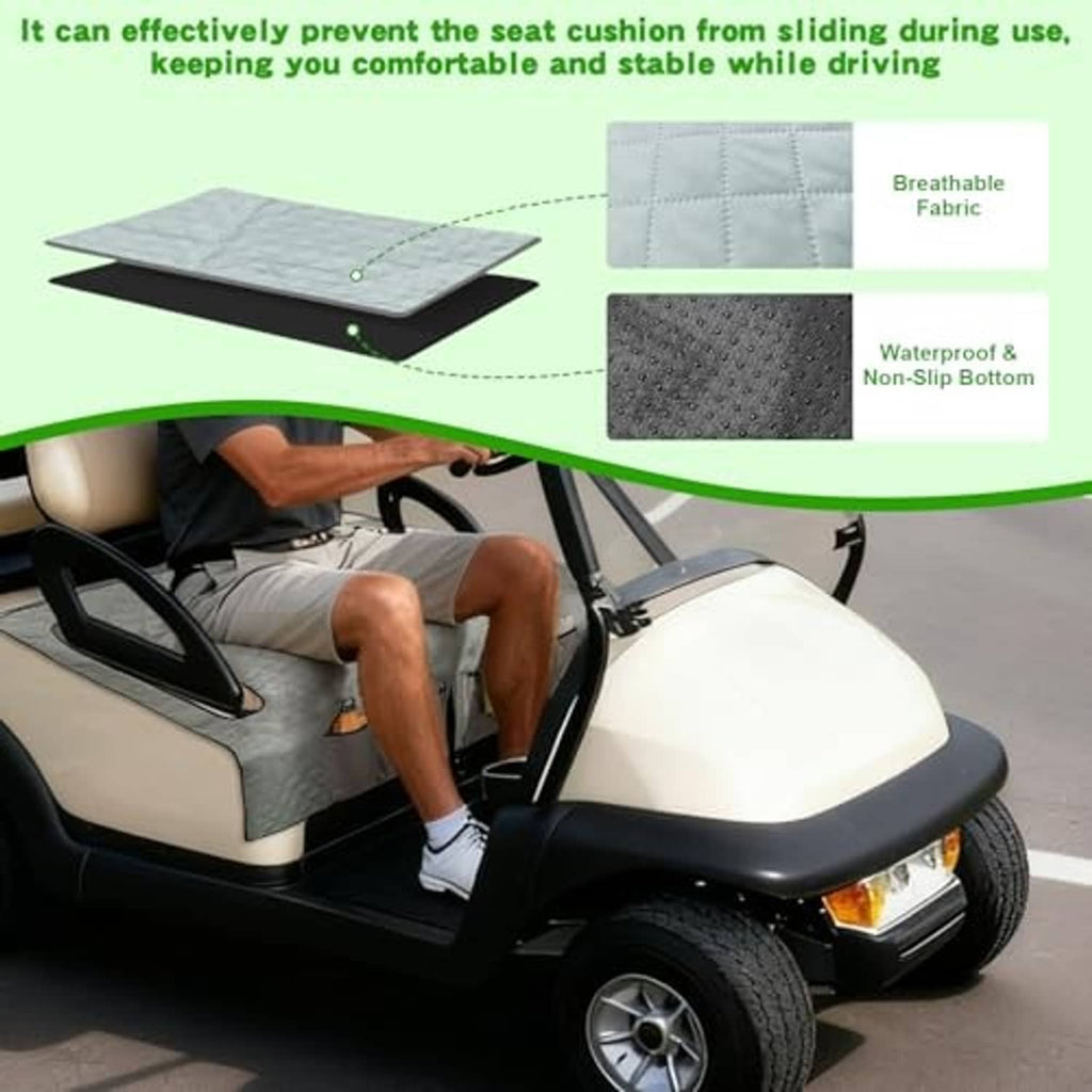 Gray quilted golf cart seat cover on front passenger area with front storage pocket panel