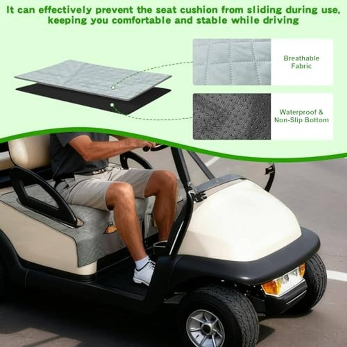 Gray quilted golf cart seat cover on front passenger area with front storage pocket panel