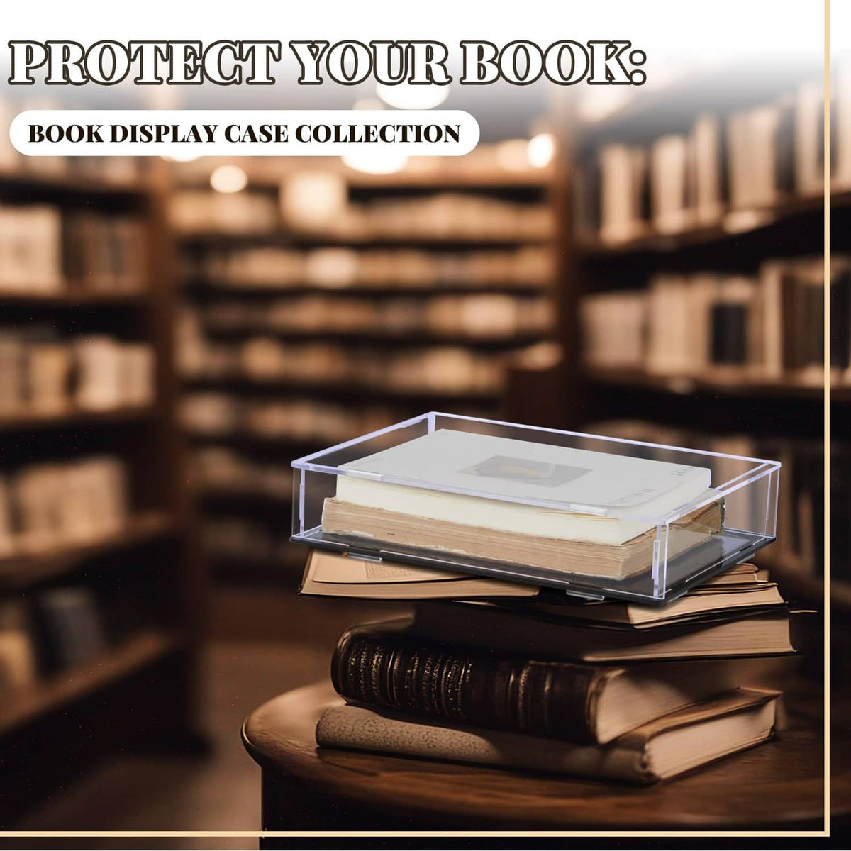Clear acrylic book display case with black base holding stacked books