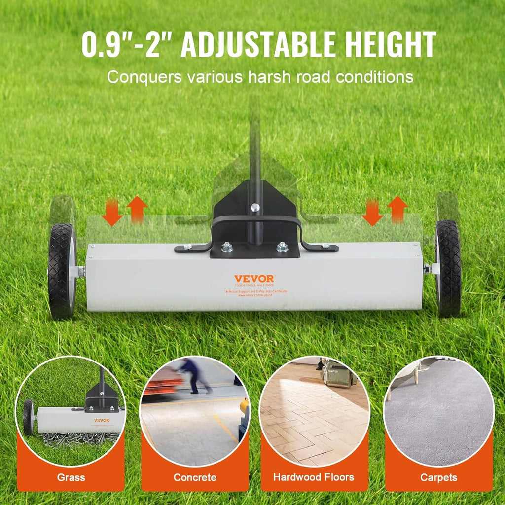 Adjustable-height magnetic sweeper with rubber wheels and grass-to-carpet clearance