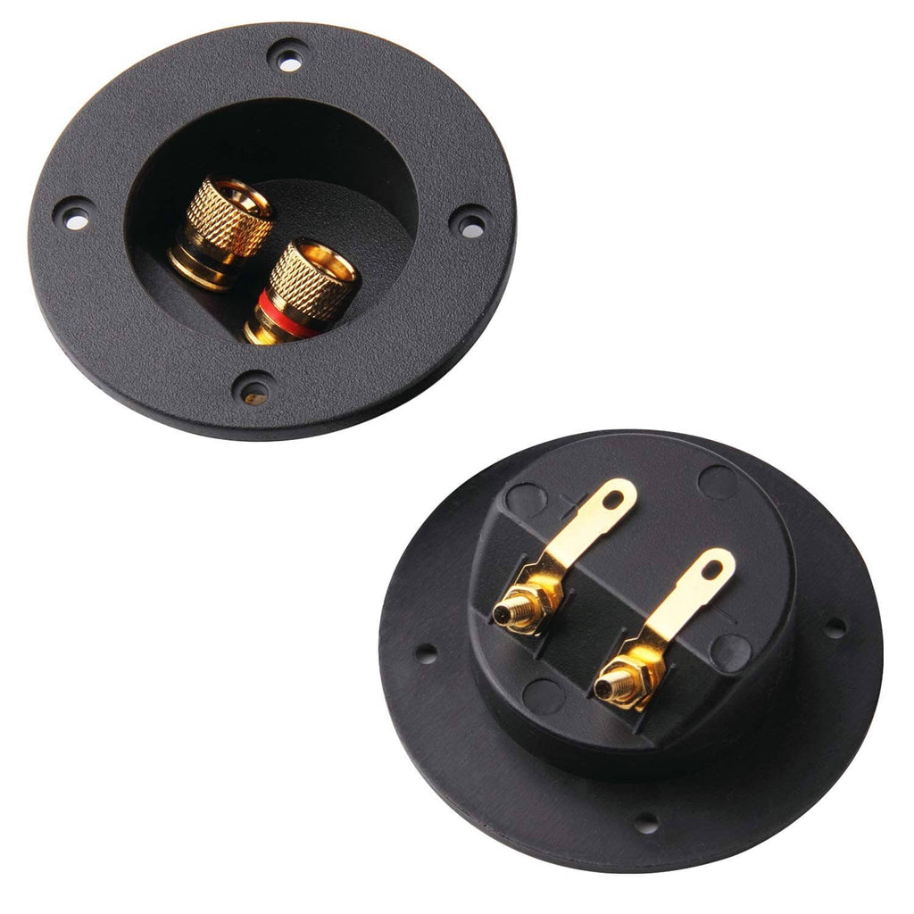 Set of black speaker terminal cups showing front and back views