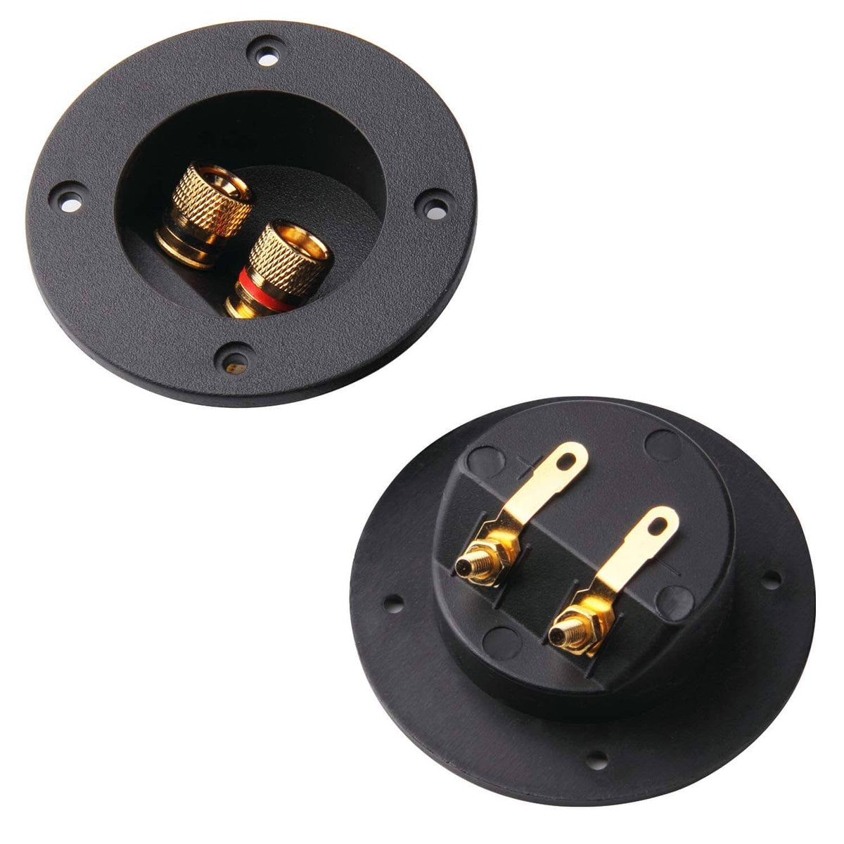 Set of black speaker terminal cups showing front and back views