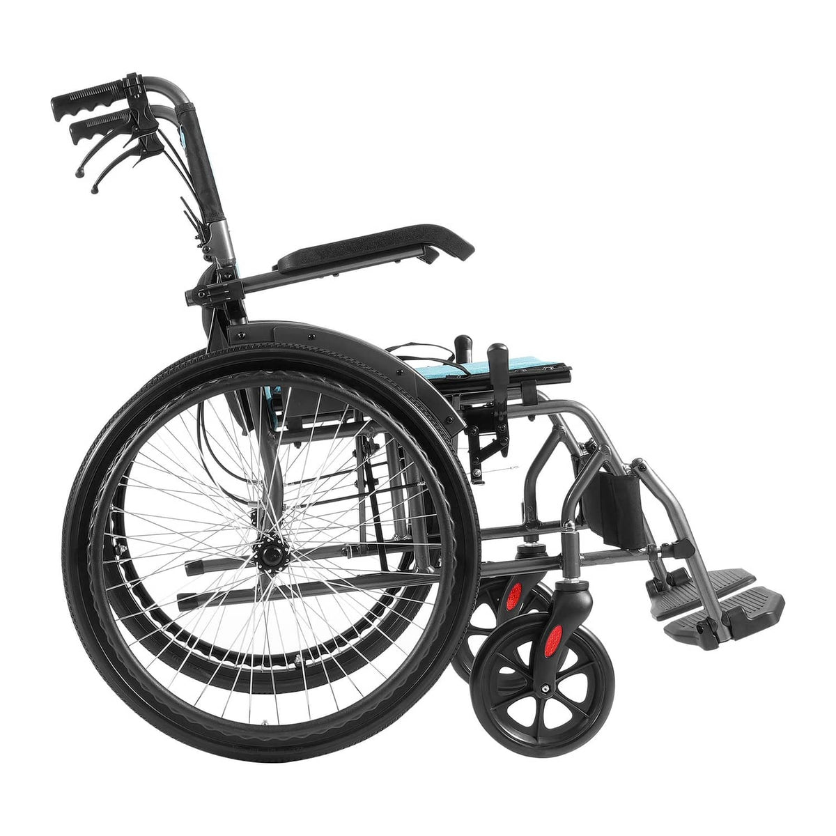 Foldable manual wheelchair with black frame, armrests, and swing-away footrests