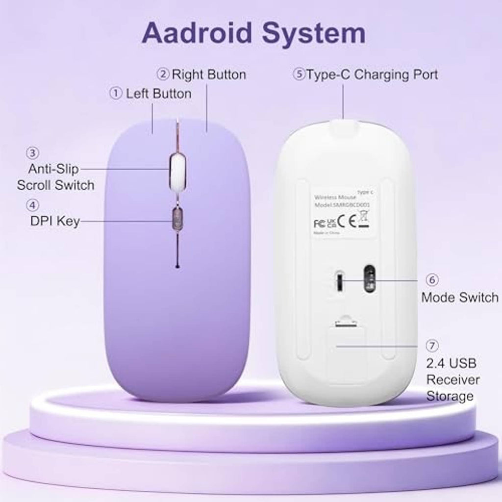 Purple wireless mouse with USB receiver, mode switch, and labeled controls