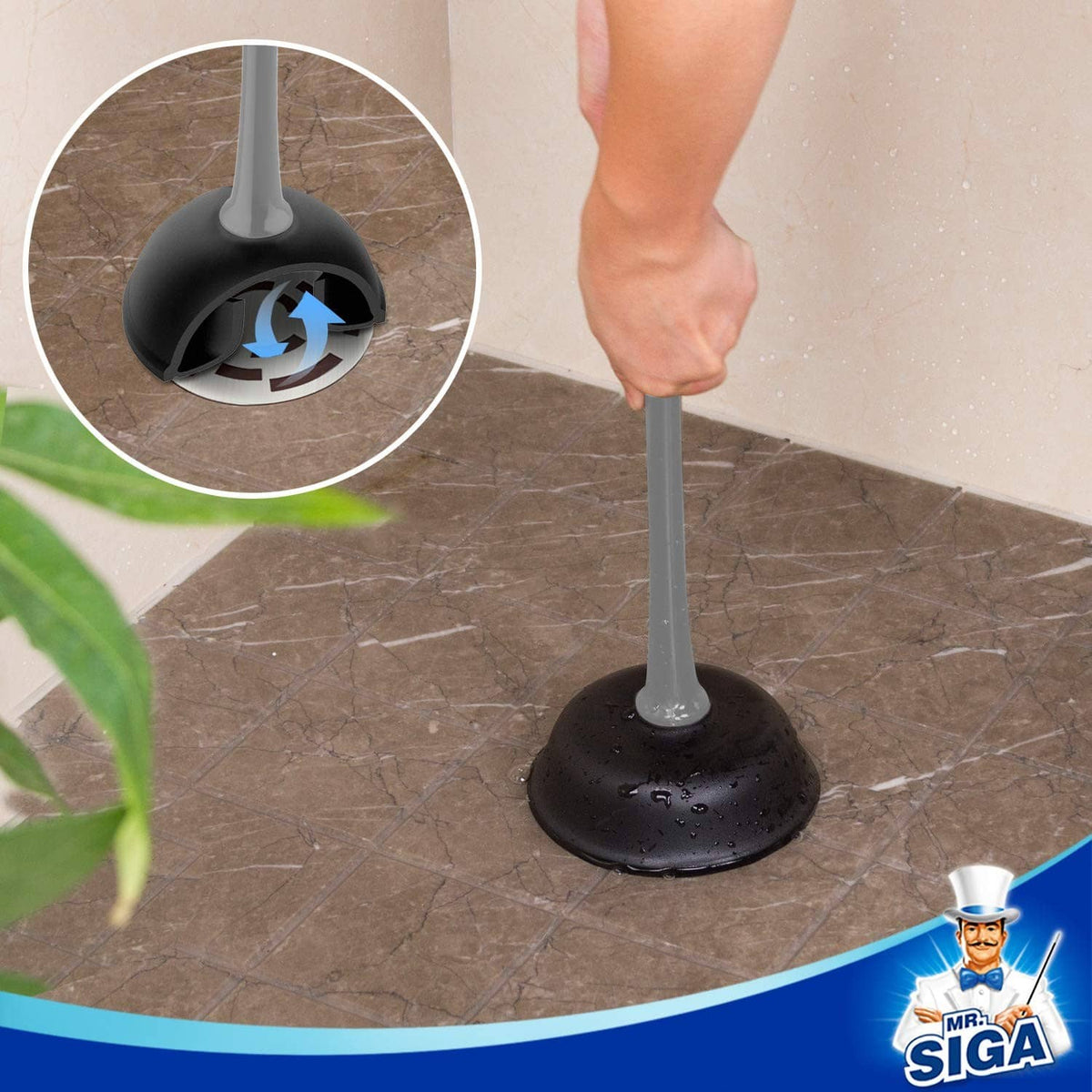 Toilet plunger on floor beside toilet, showing clog-clearing motion