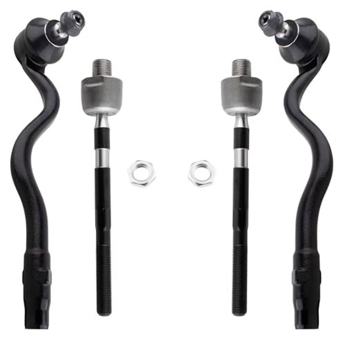 Front tie rod end links with black boots, silver ends, and included nuts