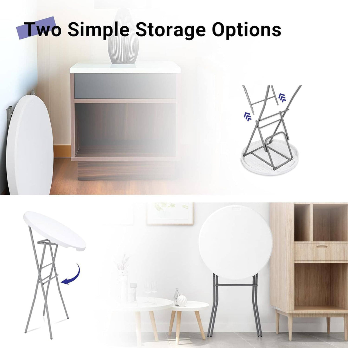 White round folding cocktail table stacked for storage next to a cabinet