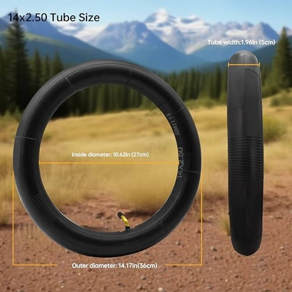 14x2.50 tube with Schrader valve, shows inside/outside diameter and width