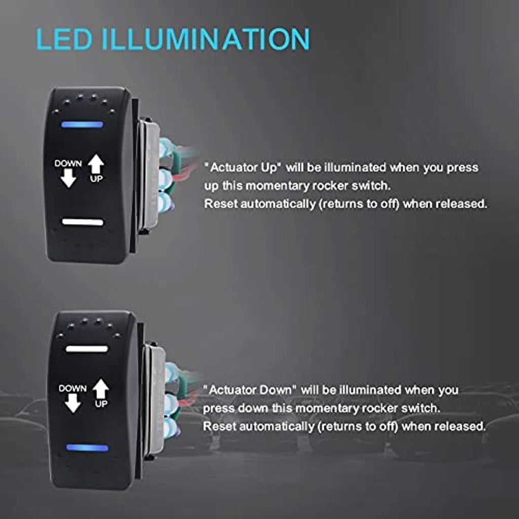 Illuminated momentary rocker switch showing blue LED illumination for up and down