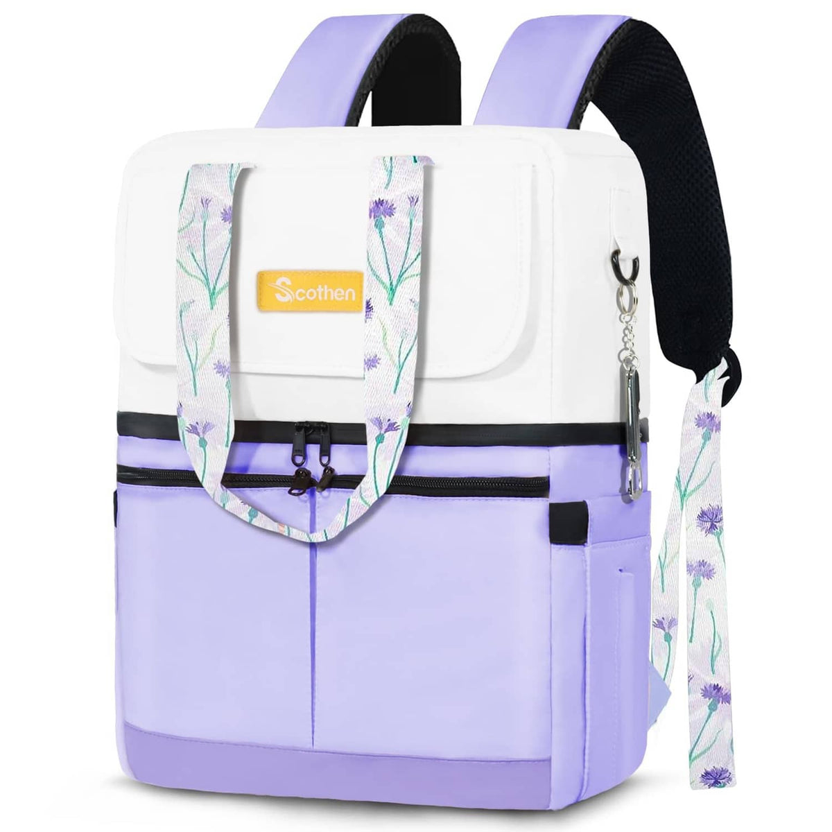 Light purple insulated backpack cooler with front flap pocket and hanging key ring