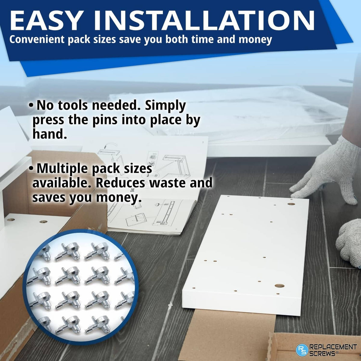 Shelf support pin set, silver pins shown with installation callout and inset detail