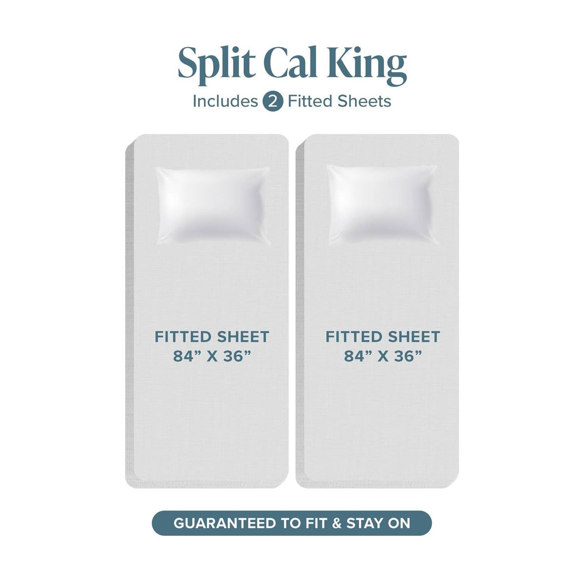 Split king fitted sheet set, two white sheets with 84x36in dimensions