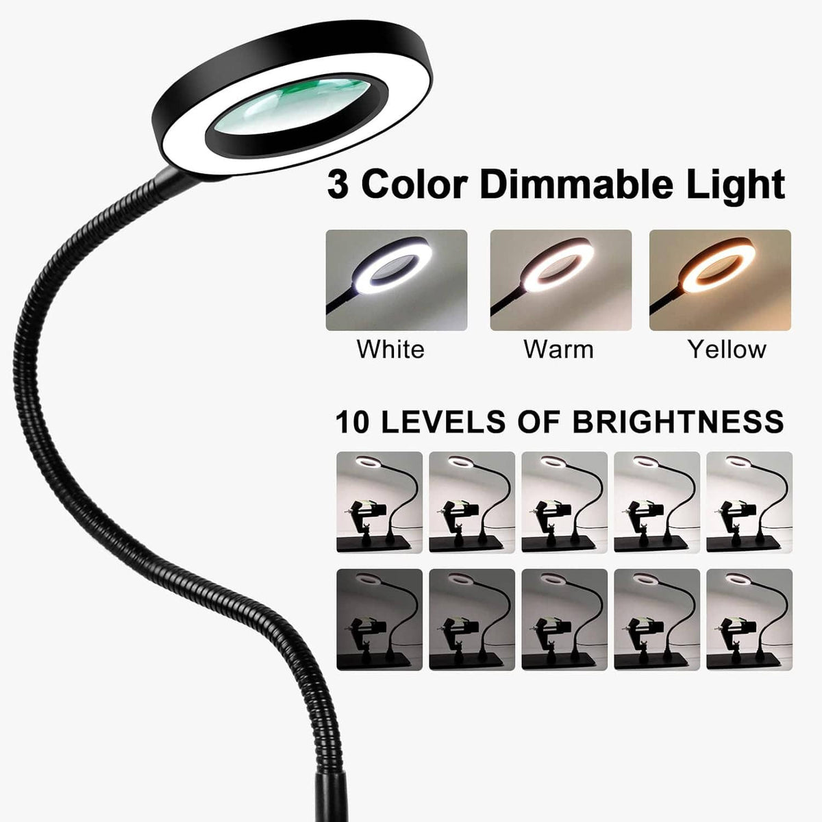 LED magnifier light with 3 dimmable colors and brightness levels on magnetic soldering holder