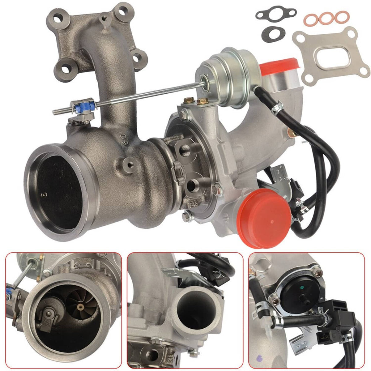 Turbocharger assembly shown from side angle with red intake/outlet caps and hoses