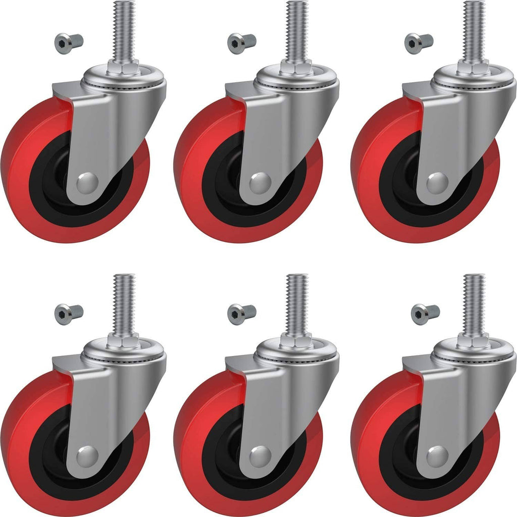 Swivel caster wheel set with red rubber wheels, black tread, and silver mounting stem