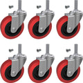 Swivel caster wheel set with red rubber wheels, black tread, and silver mounting stem