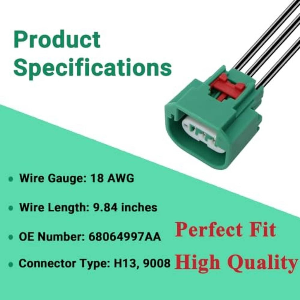 Headlight connector wiring harness with green connector plug and twin black wire leads