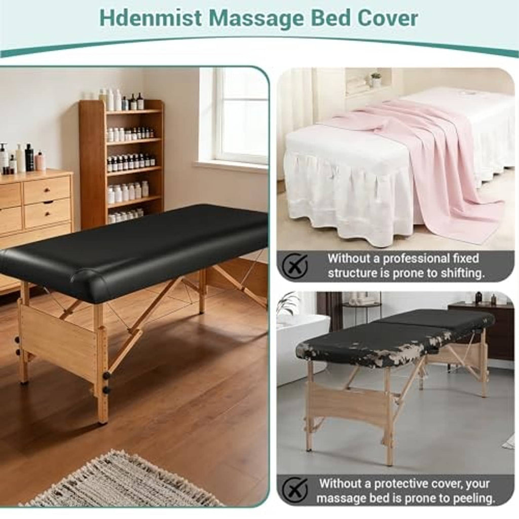 Black massage table cover protector draped over a massage bed in a room